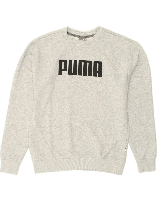 PUMA Womens Oversized Graphic Sweatshirt Jumper UK 10 Small Grey Hoodie with Hem Raw Edge Edgy Unfinished PUMA Womens Oversized Graphic Sweatshirt Jumper UK 10 Small Grey Hoodie with Hem Raw Edge Edgy Unfinished
