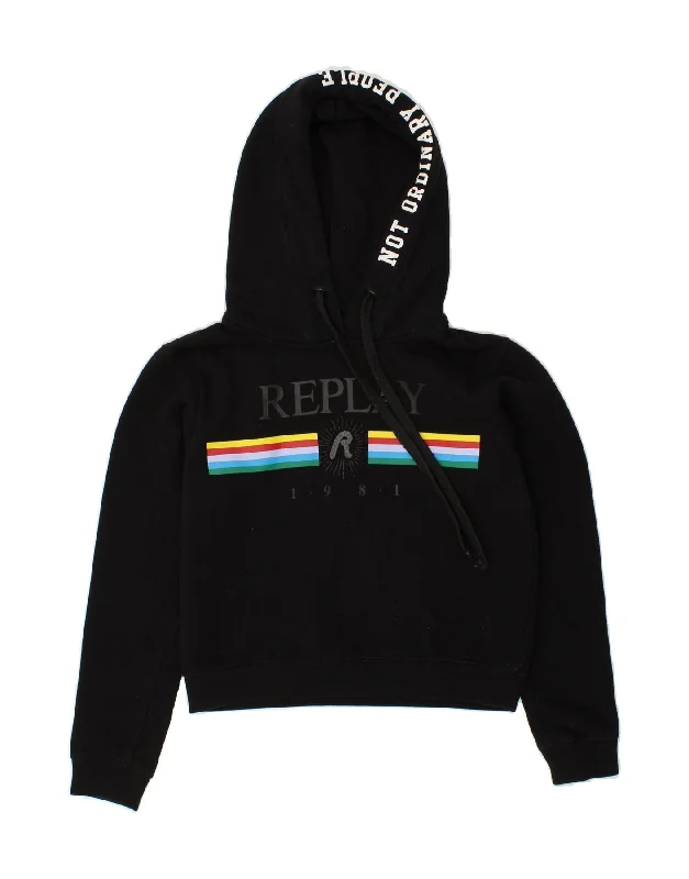 REPLAY Womens Graphic Crop Hoodie Jumper UK 10 Small Black Hoodie with Illustration Artistic Creative REPLAY Womens Graphic Crop Hoodie Jumper UK 10 Small Black Hoodie with Illustration Artistic Creative