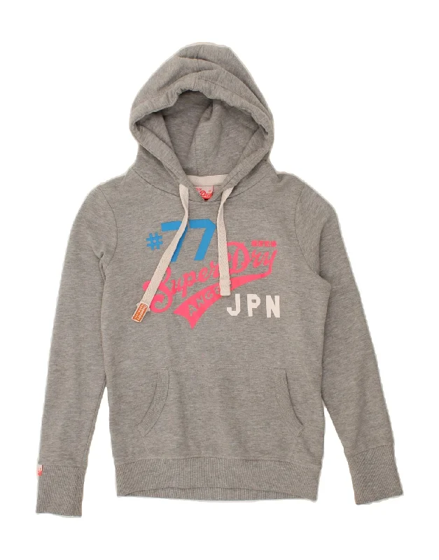 SUPERDRY Womens Graphic Hoodie Jumper UK 10 Small Grey Cotton Hoodie with Turtle Neck Cozy Winter SUPERDRY Womens Graphic Hoodie Jumper UK 10 Small Grey Cotton Hoodie with Turtle Neck Cozy Winter