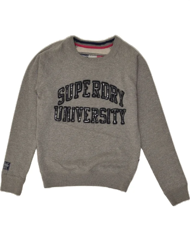 SUPERDRY Womens Graphic Sweatshirt Jumper UK 6 XS Grey Flecked Polyester Graphic Hoodie Design Print SUPERDRY Womens Graphic Sweatshirt Jumper UK 6 XS Grey Flecked Polyester Graphic Hoodie Design Print