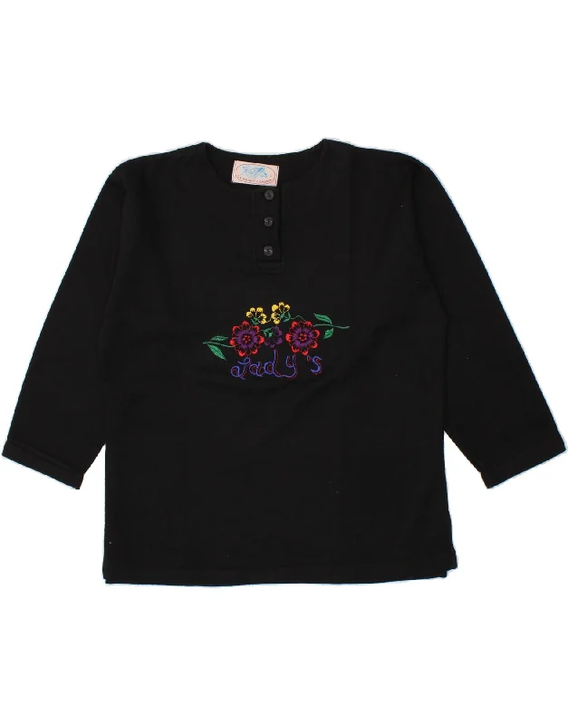 VINTAGE Womens Graphic Sweatshirt Jumper UK 16 Large Black Hoodie with Back Slit Movement Comfort VINTAGE Womens Graphic Sweatshirt Jumper UK 16 Large Black Hoodie with Back Slit Movement Comfort