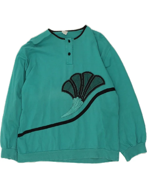 VINTAGE Womens Graphic Sweatshirt Jumper UK 16 Large Turquoise Hoodie with Pattern Geometric Abstract VINTAGE Womens Graphic Sweatshirt Jumper UK 16 Large Turquoise Hoodie with Pattern Geometric Abstract