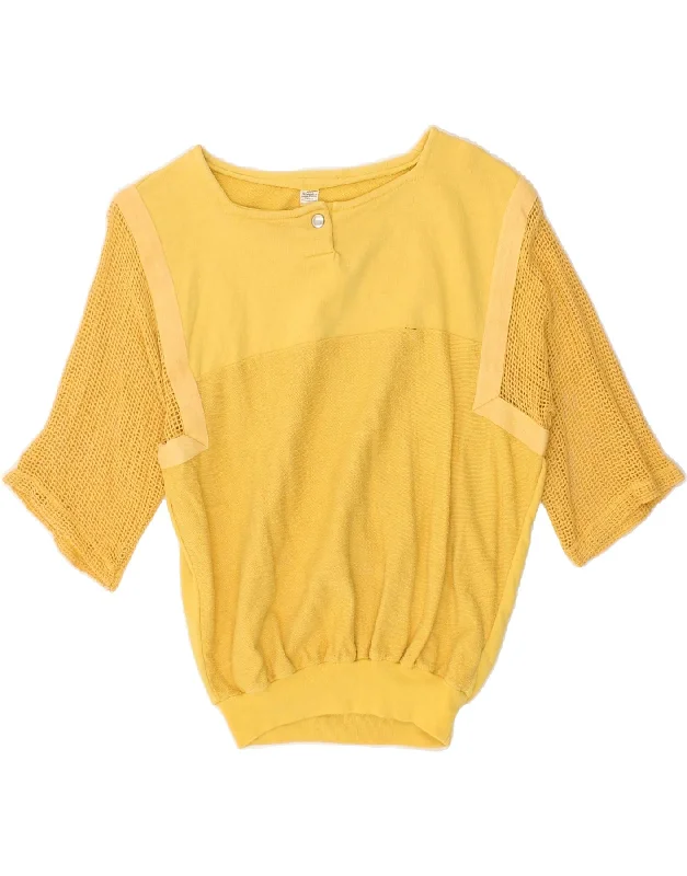 VINTAGE Womens Short Sleeve Sweatshirt Jumper UK 14 Large Yellow Cotton Hoodie with Drawcord Adjustable Secure VINTAGE Womens Short Sleeve Sweatshirt Jumper UK 14 Large Yellow Cotton Hoodie with Drawcord Adjustable Secure