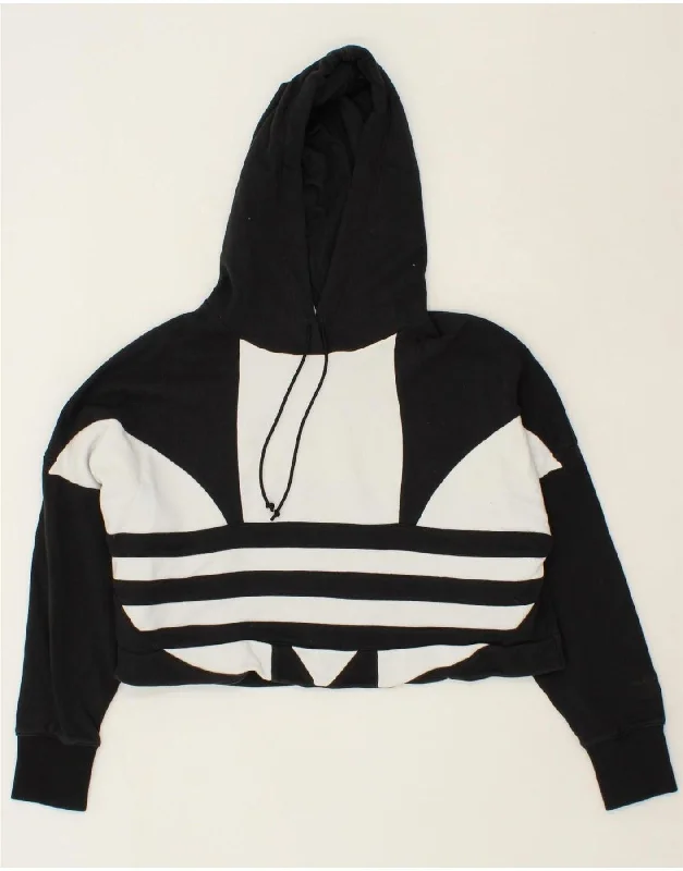 ADIDAS Womens Crop Graphic Hoodie Jumper UK 10 Small Black Cotton Hoodie with Hem Embroidery Detailed Premium ADIDAS Womens Crop Graphic Hoodie Jumper UK 10 Small Black Cotton Hoodie with Hem Embroidery Detailed Premium