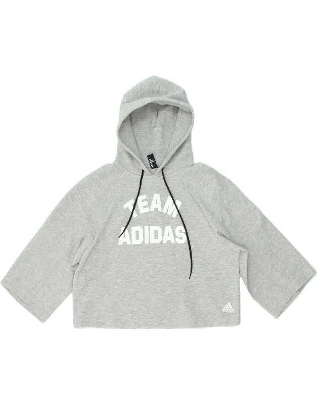 ADIDAS Womens Crop Graphic Hoodie Jumper UK 8/10 Small Grey Cotton Hoodie with Raw Hem Edgy Unfinished ADIDAS Womens Crop Graphic Hoodie Jumper UK 8/10 Small Grey Cotton Hoodie with Raw Hem Edgy Unfinished
