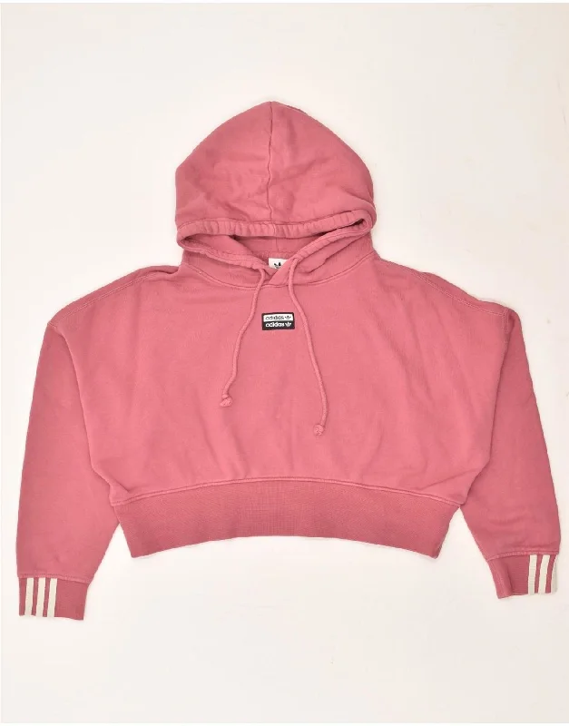ADIDAS Womens Crop Hoodie Jumper UK 16 Large Pink Cotton Hoodie with Hem Raw Edge Edgy Unfinished ADIDAS Womens Crop Hoodie Jumper UK 16 Large Pink Cotton Hoodie with Hem Raw Edge Edgy Unfinished