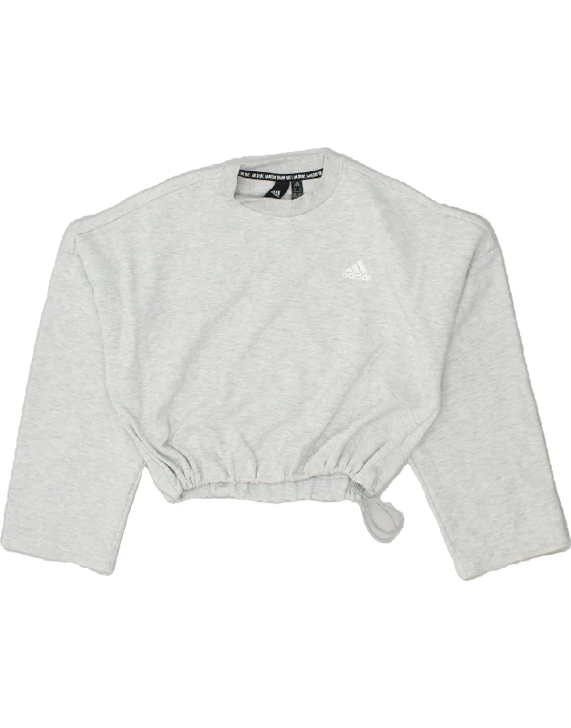 ADIDAS Womens Crop Sweatshirt Jumper UK 4/6 XS Grey Cotton Hoodie with Slit Hem Functional Movement ADIDAS Womens Crop Sweatshirt Jumper UK 4/6 XS Grey Cotton Hoodie with Slit Hem Functional Movement
