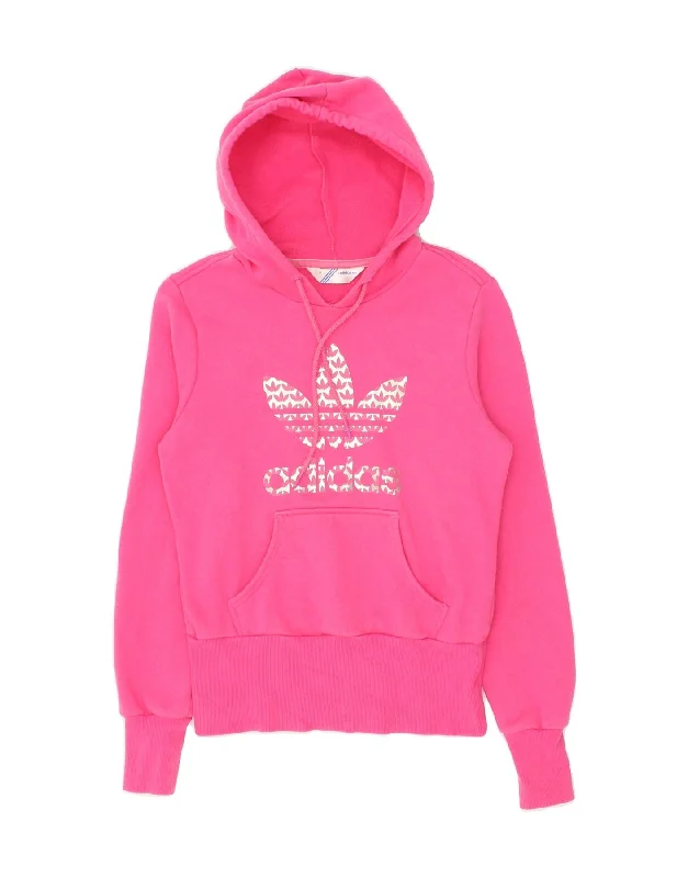 ADIDAS Womens Graphic Hoodie Jumper IT 38 XS Pink Cotton Hoodie with Neon Bright Vibrant ADIDAS Womens Graphic Hoodie Jumper IT 38 XS Pink Cotton Hoodie with Neon Bright Vibrant