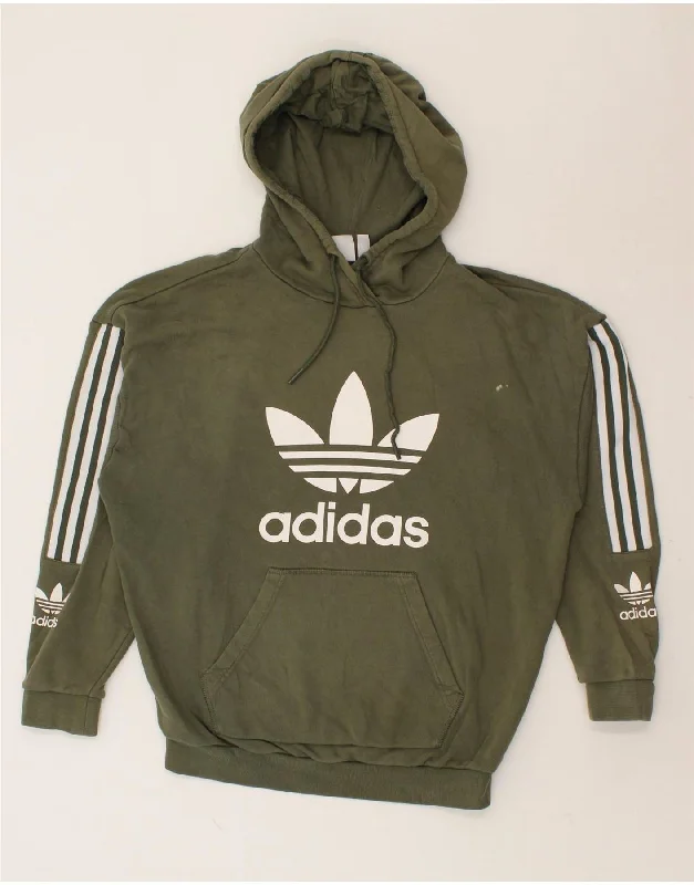 ADIDAS Womens Graphic Hoodie Jumper UK 14 Medium Khaki Cotton Hoodie with Typography Text Message ADIDAS Womens Graphic Hoodie Jumper UK 14 Medium Khaki Cotton Hoodie with Typography Text Message