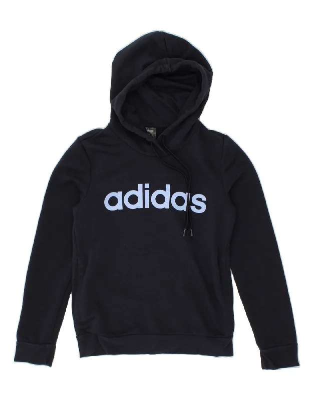 ADIDAS Womens Graphic Hoodie Jumper UK 4/6 XS Navy Blue Cotton Hoodie with Turtle Neck Cozy Winter ADIDAS Womens Graphic Hoodie Jumper UK 4/6 XS Navy Blue Cotton Hoodie with Turtle Neck Cozy Winter