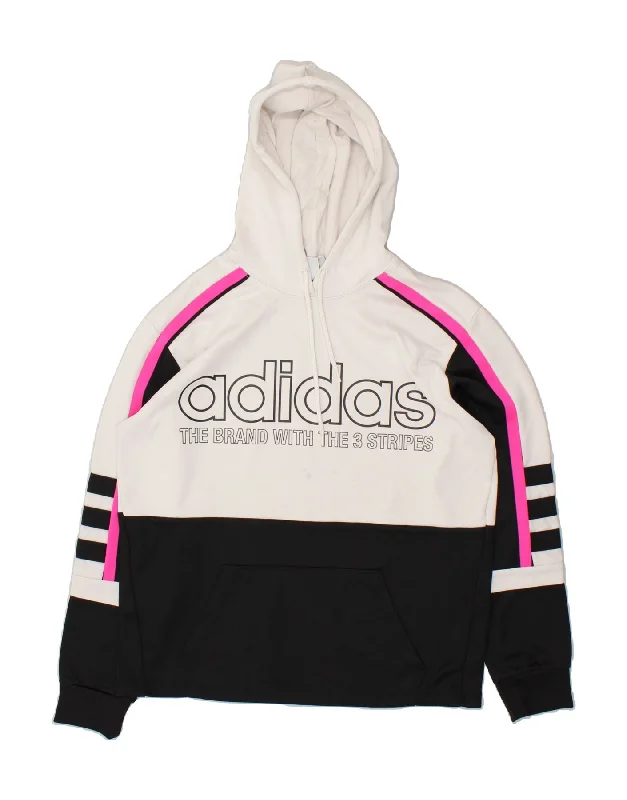 ADIDAS Womens Graphic Hoodie Jumper UK 8 Small White Colourblock Cotton Hoodie with Hem Lace Feminine Delicate ADIDAS Womens Graphic Hoodie Jumper UK 8 Small White Colourblock Cotton Hoodie with Hem Lace Feminine Delicate