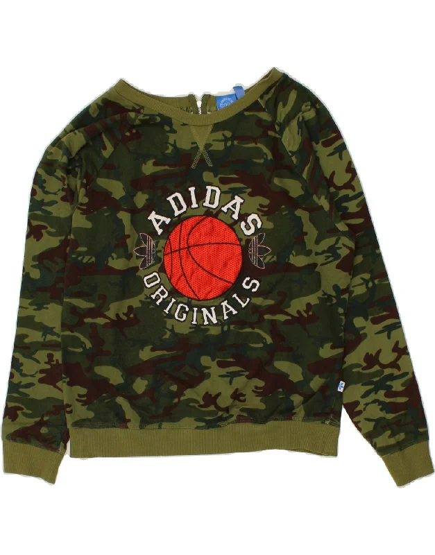 ADIDAS Womens Graphic Sweatshirt Jumper UK 14 Lasrge Green Camouflage Hoodie with Slit Hem Functional Movement ADIDAS Womens Graphic Sweatshirt Jumper UK 14 Lasrge Green Camouflage Hoodie with Slit Hem Functional Movement