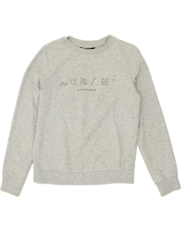 ARMANI Womens Graphic Sweatshirt Jumper UK 10 Small Grey Cotton Hoodie with Applique Textured Unique ARMANI Womens Graphic Sweatshirt Jumper UK 10 Small Grey Cotton Hoodie with Applique Textured Unique
