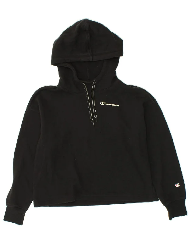 CHAMPION Womens Crop Graphic Hoodie Jumper UK 10 Small Black Cotton Hoodie with Hood Adjustable Protection CHAMPION Womens Crop Graphic Hoodie Jumper UK 10 Small Black Cotton Hoodie with Hood Adjustable Protection