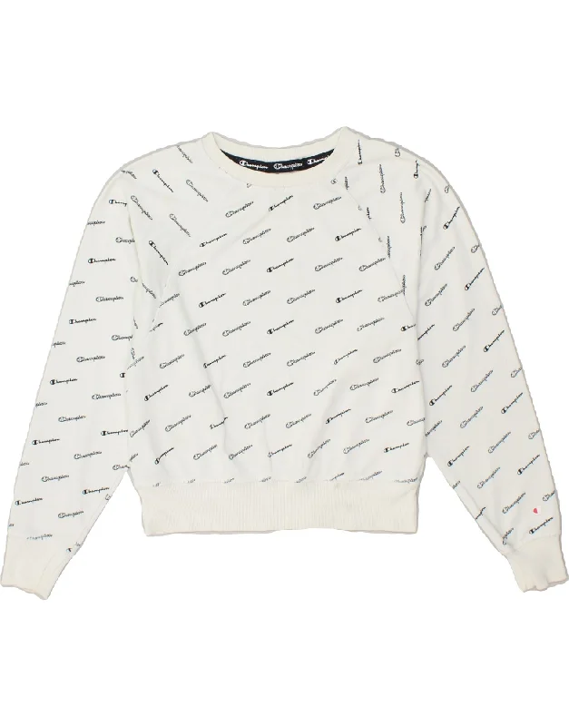 CHAMPION Womens Graphic Crop Sweatshirt Jumper UK 10 Small White Cotton Hoodie with Belted Waist Structured Tailored CHAMPION Womens Graphic Crop Sweatshirt Jumper UK 10 Small White Cotton Hoodie with Belted Waist Structured Tailored