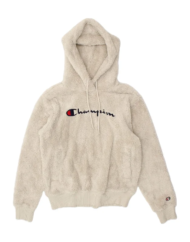 CHAMPION Womens Graphic Fleece Hoodie Jumper UK 14 Medium Grey Polyester Hoodie with Hem Drawcord Adjustable Customizable CHAMPION Womens Graphic Fleece Hoodie Jumper UK 14 Medium Grey Polyester Hoodie with Hem Drawcord Adjustable Customizable
