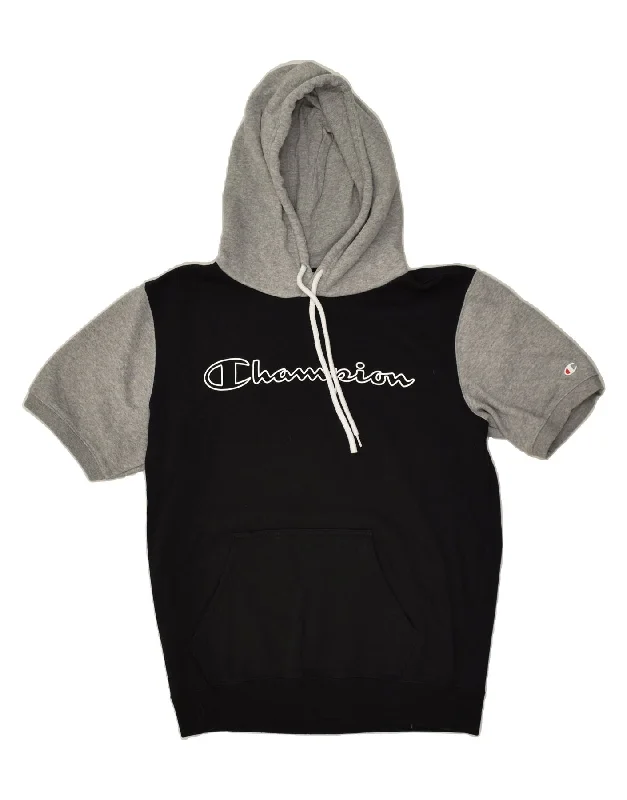 CHAMPION Womens Graphic Short Sleeve Hoodie Jumper UK 14 Medium Black Hoodie with Hem Applique Textured Unique CHAMPION Womens Graphic Short Sleeve Hoodie Jumper UK 14 Medium Black Hoodie with Hem Applique Textured Unique
