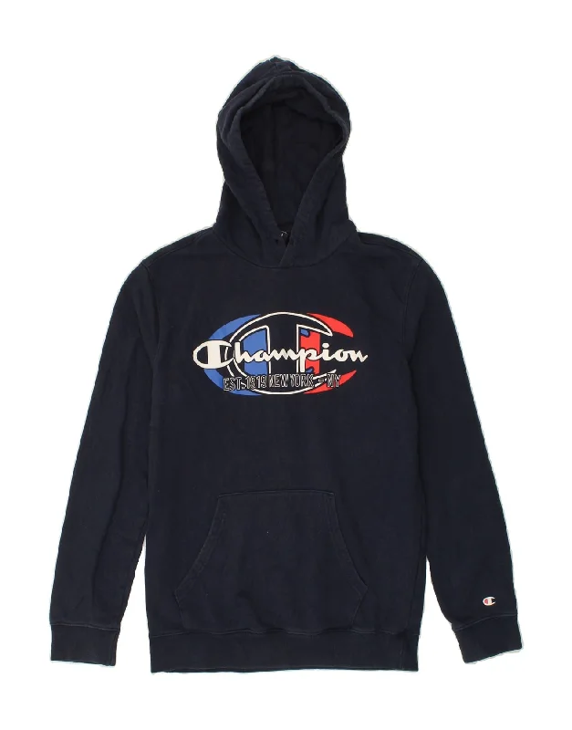 CHAMPION Womens New York Graphic Hoodie Jumper UK 14 Medium Navy Blue Hoodie with Zipper Placket Modern Functional CHAMPION Womens New York Graphic Hoodie Jumper UK 14 Medium Navy Blue Hoodie with Zipper Placket Modern Functional