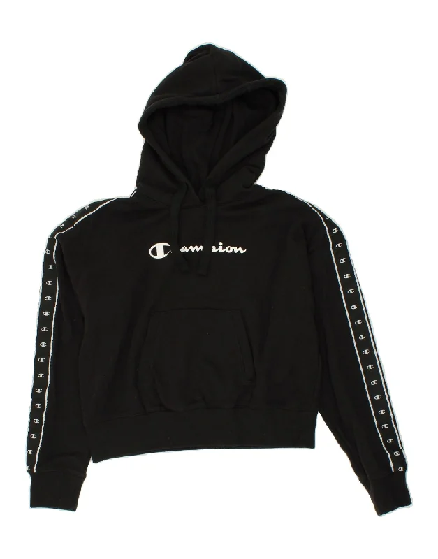 CHAMPION Womens Oversized Crop Graphic Hoodie Jumper UK 10 Small Black Hoodie with Pattern Geometric Abstract CHAMPION Womens Oversized Crop Graphic Hoodie Jumper UK 10 Small Black Hoodie with Pattern Geometric Abstract