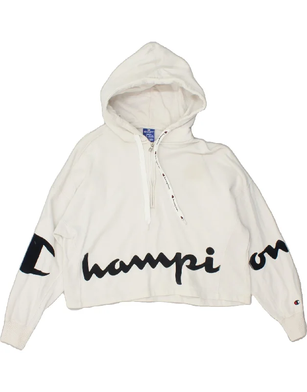 CHAMPION Womens Oversized Crop Graphic Hoodie Jumper UK 10 Small White Hoodie with High Neck Warm Protective CHAMPION Womens Oversized Crop Graphic Hoodie Jumper UK 10 Small White Hoodie with High Neck Warm Protective