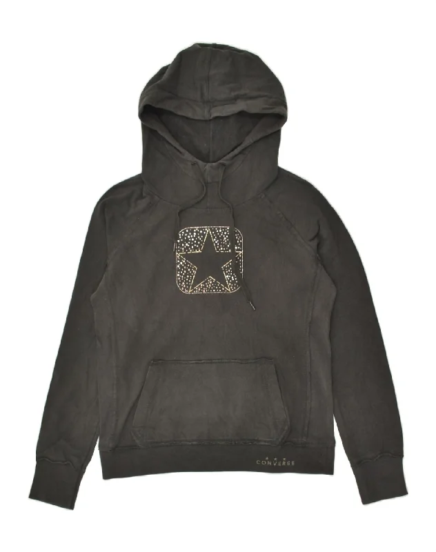 CONVERSE Womens Graphic Hoodie Jumper UK 12 Medium Black Cotton Hoodie with Button Placket Classic Preppy CONVERSE Womens Graphic Hoodie Jumper UK 12 Medium Black Cotton Hoodie with Button Placket Classic Preppy
