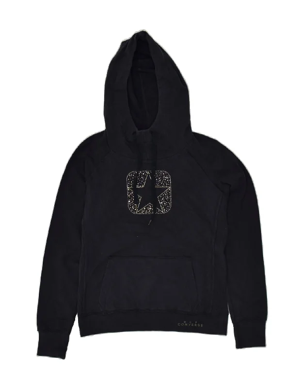 CONVERSE Womens Graphic Hoodie Jumper UK 12 Medium Navy Blue Cotton Hoodie with Magnetic Closure Innovative Modern CONVERSE Womens Graphic Hoodie Jumper UK 12 Medium Navy Blue Cotton Hoodie with Magnetic Closure Innovative Modern