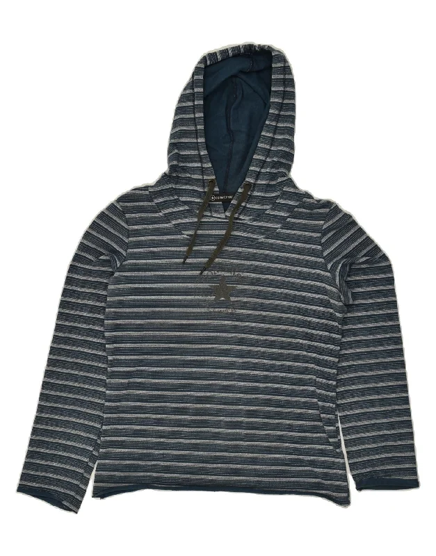 CONVERSE Womens Graphic Hoodie Jumper UK 14 Medium Navy Blue Striped Hoodie with High-Low Hem Asymmetrical Trendy
