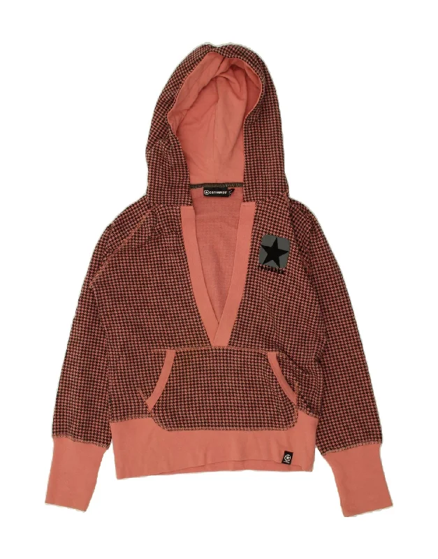 CONVERSE Womens Hoodie Jumper UK 16 Large Pink Houndstooth Cotton Hoodie with Hem Ribbing Snug Secure CONVERSE Womens Hoodie Jumper UK 16 Large Pink Houndstooth Cotton Hoodie with Hem Ribbing Snug Secure