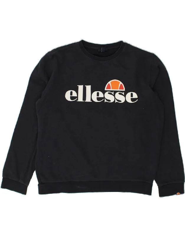 ELLESSE Womens Graphic Sweatshirt Jumper UK 14 Large Navy Blue Cotton Hoodie with Typography Text Message ELLESSE Womens Graphic Sweatshirt Jumper UK 14 Large Navy Blue Cotton Hoodie with Typography Text Message
