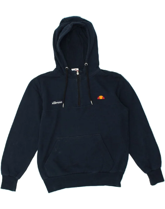 ELLESSE Womens Graphic Zip Neck Hoodie Jumper UK 14 Medium Navy Blue Hoodie with Frayed Bohemian Relaxed ELLESSE Womens Graphic Zip Neck Hoodie Jumper UK 14 Medium Navy Blue Hoodie with Frayed Bohemian Relaxed