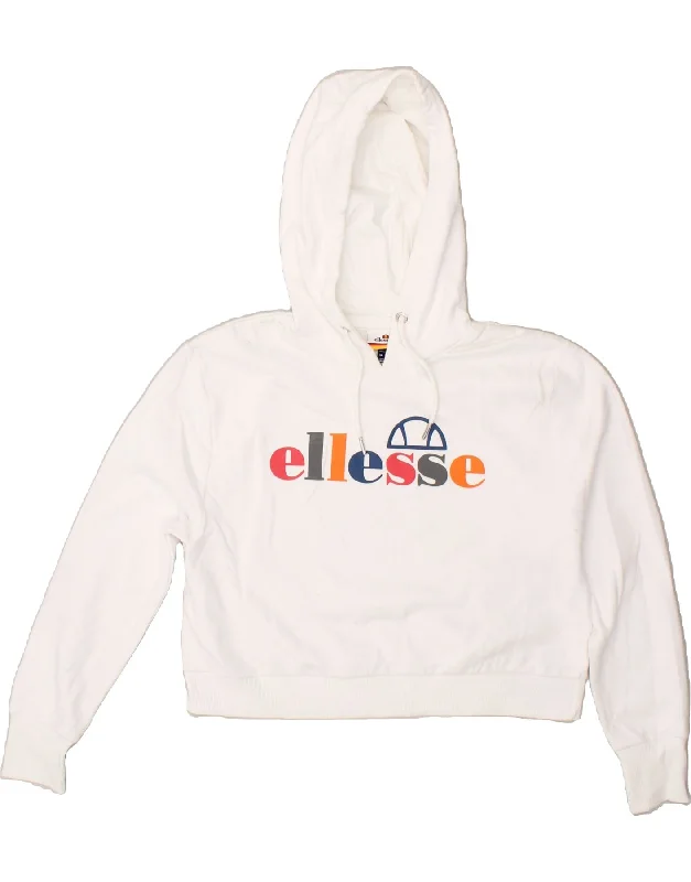ELLESSE Womens Oversized Crop Graphic Hoodie Jumper UK 8 Small White Hoodie with Snap Buttons Easy Quick ELLESSE Womens Oversized Crop Graphic Hoodie Jumper UK 8 Small White Hoodie with Snap Buttons Easy Quick