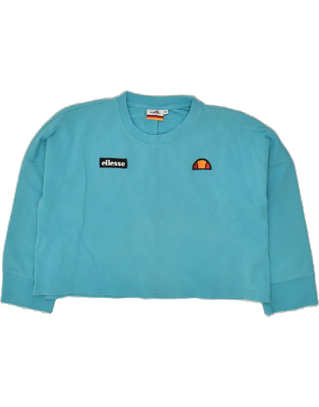 ELLESSE Womens Oversized Crop Graphic Sweatshirt Jumper UK 6 XS Blue Hoodie with Front Slit Layering Stylish ELLESSE Womens Oversized Crop Graphic Sweatshirt Jumper UK 6 XS Blue Hoodie with Front Slit Layering Stylish