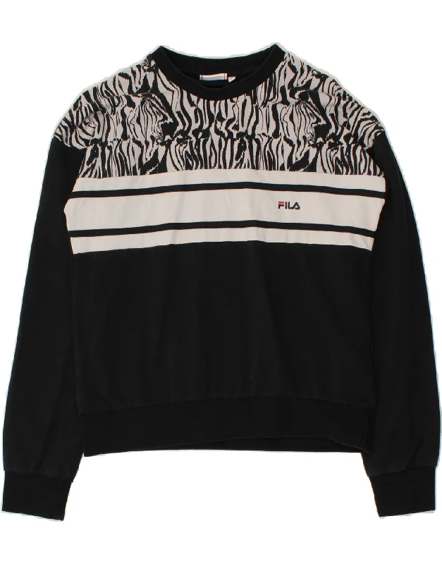 FILA Womens Crop Sweatshirt Jumper UK 10 Small Black Colourblock Cotton Hoodie with Hem Contrast Bold Stylish FILA Womens Crop Sweatshirt Jumper UK 10 Small Black Colourblock Cotton Hoodie with Hem Contrast Bold Stylish