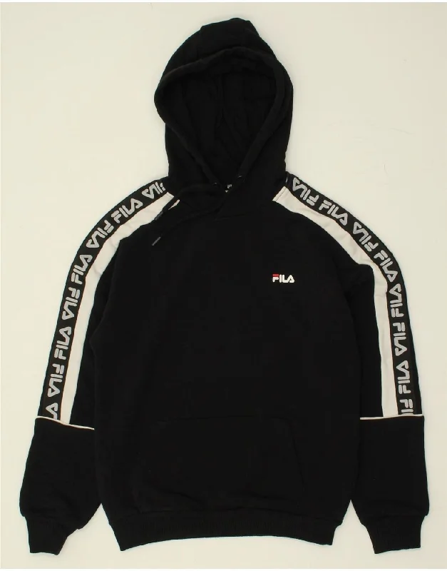 FILA Womens Graphic Hoodie Jumper UK 6 XS Black Colourblock Hoodie with Contrast Stitching Detailed Premium FILA Womens Graphic Hoodie Jumper UK 6 XS Black Colourblock Hoodie with Contrast Stitching Detailed Premium