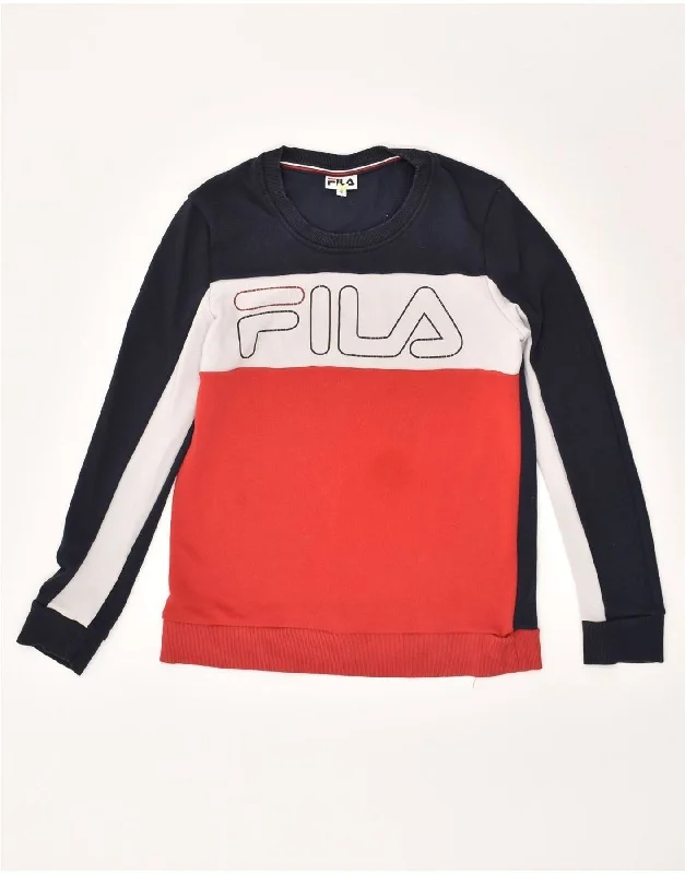 FILA Womens Graphic Sweatshirt Jumper EU 36 Small Red Colourblock Cotton Hoodie with Pattern Geometric Abstract FILA Womens Graphic Sweatshirt Jumper EU 36 Small Red Colourblock Cotton Hoodie with Pattern Geometric Abstract