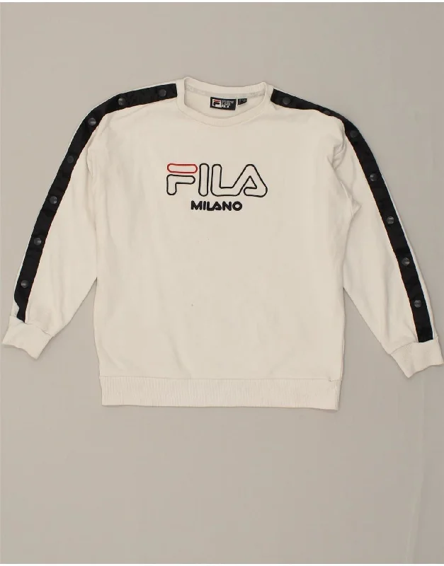 FILA Womens Graphic Sweatshirt Jumper UK 8 Small White Cotton Hoodie with Hem Frayed Vintage Worn FILA Womens Graphic Sweatshirt Jumper UK 8 Small White Cotton Hoodie with Hem Frayed Vintage Worn
