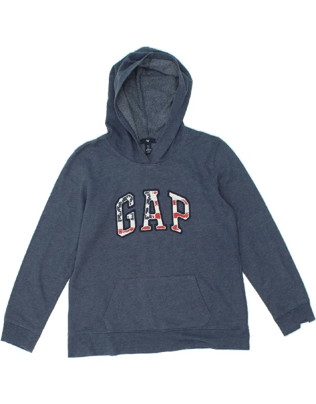 GAP Womens Graphic Hoodie Jumper UK 16 Large Navy Blue Cotton Hoodie with Hem Frayed Vintage Worn GAP Womens Graphic Hoodie Jumper UK 16 Large Navy Blue Cotton Hoodie with Hem Frayed Vintage Worn
