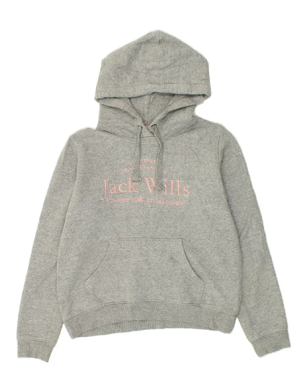 JACK WILLS Womens Graphic Hoodie Jumper UK 10 Small Grey Flecked Cotton Hoodie with Embroidery Detailed Premium JACK WILLS Womens Graphic Hoodie Jumper UK 10 Small Grey Flecked Cotton Hoodie with Embroidery Detailed Premium