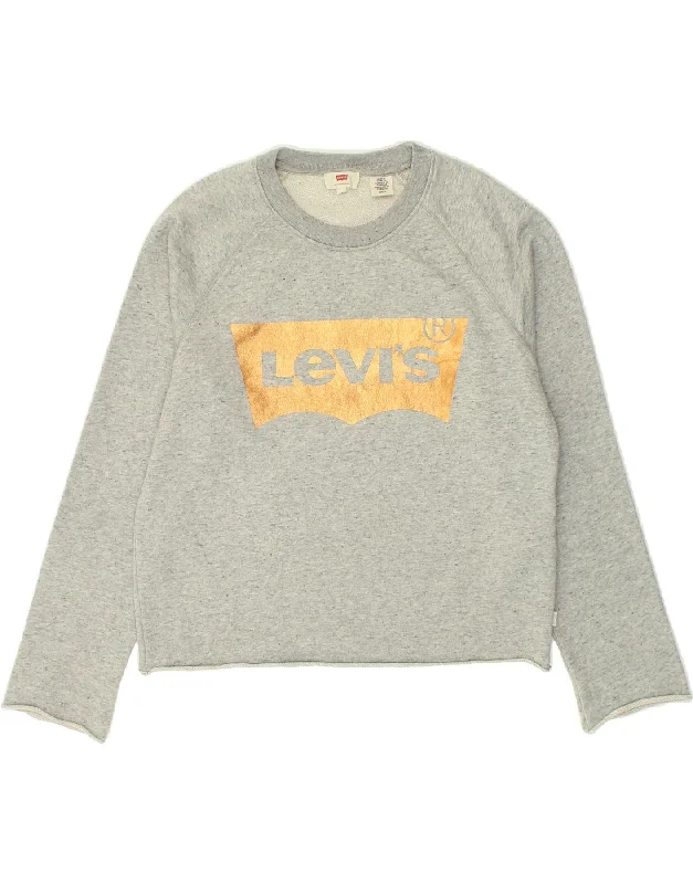 LEVI'S Womens Crop Graphic Sweatshirt Jumper UK 10 Small Grey Cotton Hoodie with Fur Luxurious Winter LEVI'S Womens Crop Graphic Sweatshirt Jumper UK 10 Small Grey Cotton Hoodie with Fur Luxurious Winter
