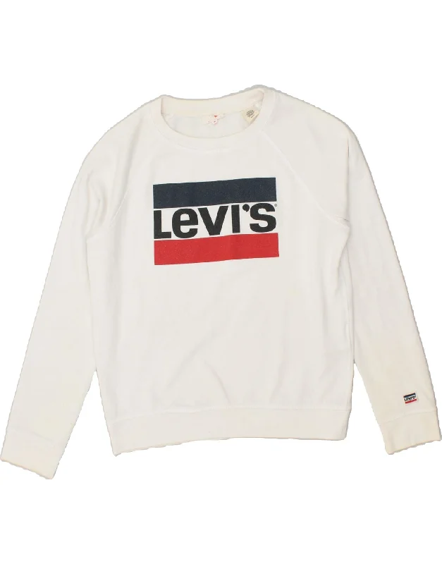 LEVI'S Womens Graphic Sweatshirt Jumper UK 10 Small White Cotton Hoodie with Longline Fit Extended Stylish LEVI'S Womens Graphic Sweatshirt Jumper UK 10 Small White Cotton Hoodie with Longline Fit Extended Stylish