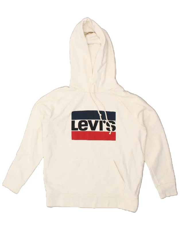 LEVI'S Womens Oversized Graphic Hoodie Jumper UK 10 Small Off White Cotton Hoodie with Hem Frayed Vintage Worn LEVI'S Womens Oversized Graphic Hoodie Jumper UK 10 Small Off White Cotton Hoodie with Hem Frayed Vintage Worn