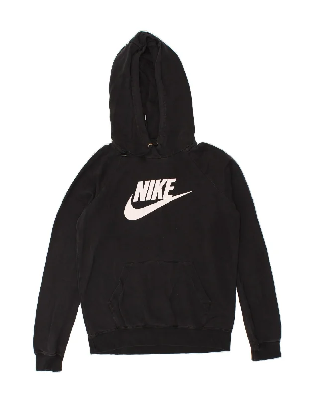NIKE Womens Graphic Hoodie Jumper UK 10 Small Black Cotton Hoodie with Emblem Brand Identity NIKE Womens Graphic Hoodie Jumper UK 10 Small Black Cotton Hoodie with Emblem Brand Identity