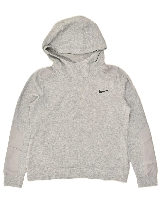 NIKE Womens Hoodie Jumper UK 14 Medium Grey Cotton Hoodie with Hem Applique Textured Unique NIKE Womens Hoodie Jumper UK 14 Medium Grey Cotton Hoodie with Hem Applique Textured Unique