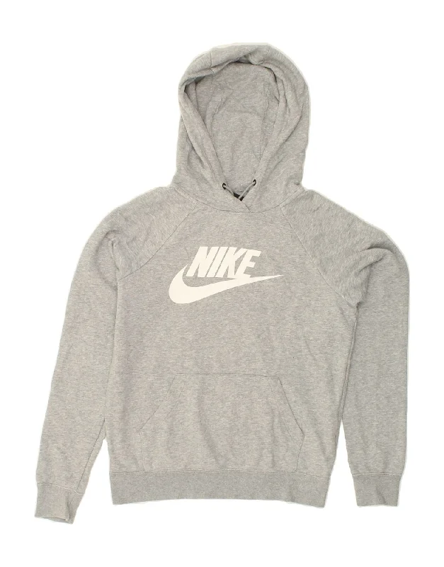 NIKE Womens Oversized Graphic Hoodie Jumper UK 6 XS Grey Cotton Hoodie with Embroidery Detailed Premium NIKE Womens Oversized Graphic Hoodie Jumper UK 6 XS Grey Cotton Hoodie with Embroidery Detailed Premium
