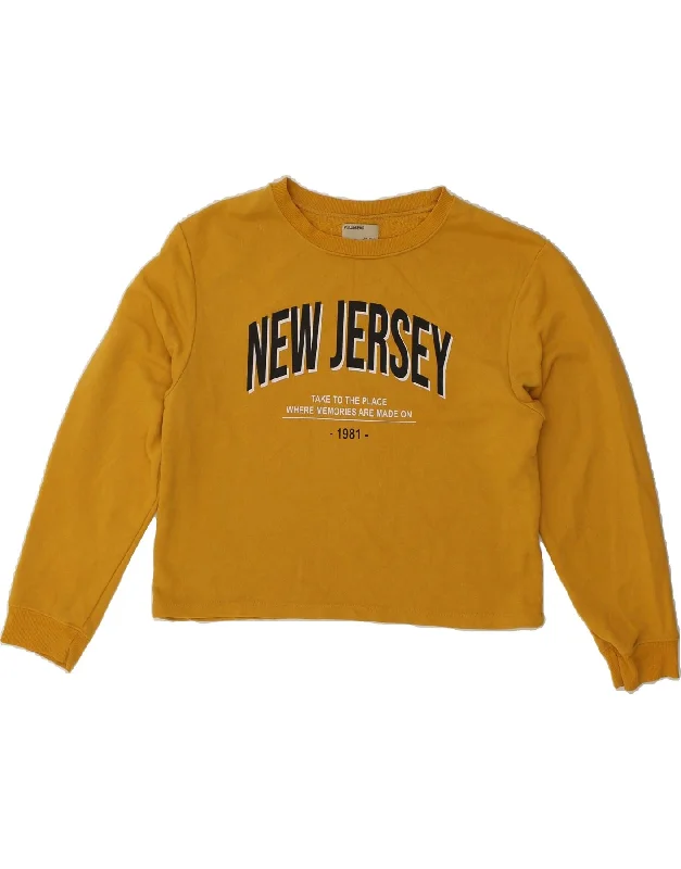 PULL & BEAR Womens Crop Graphic Sweatshirt Jumper UK 12 Medium Yellow Hoodie with Tied Waist Feminine Flattering PULL & BEAR Womens Crop Graphic Sweatshirt Jumper UK 12 Medium Yellow Hoodie with Tied Waist Feminine Flattering