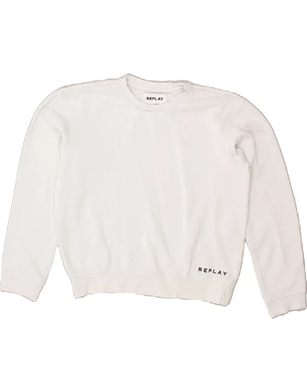 REPLAY Womens Oversized Crop Graphic Sweatshirt Jumper UK 10 Small White Oversized Hoodie Comfort Casual REPLAY Womens Oversized Crop Graphic Sweatshirt Jumper UK 10 Small White Oversized Hoodie Comfort Casual