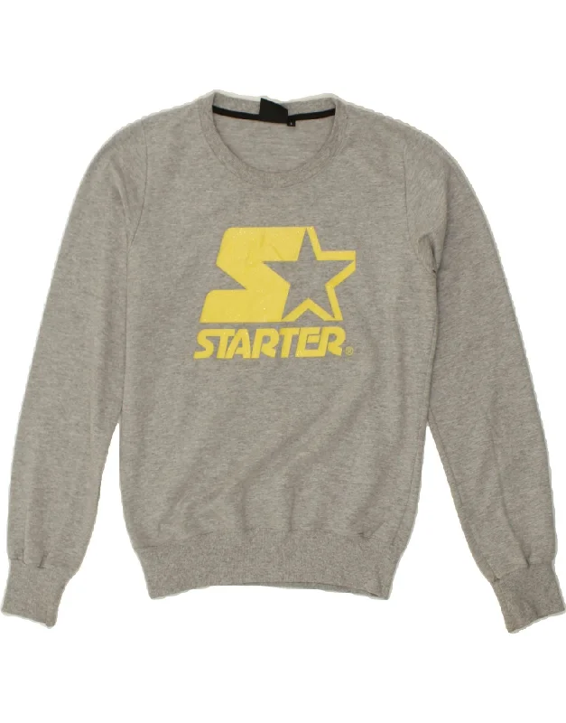 STARTER Womens Graphic Sweatshirt Jumper UK 14 Large Grey Flecked Cotton Hoodie with Rolled Sleeves Casual Relaxed STARTER Womens Graphic Sweatshirt Jumper UK 14 Large Grey Flecked Cotton Hoodie with Rolled Sleeves Casual Relaxed
