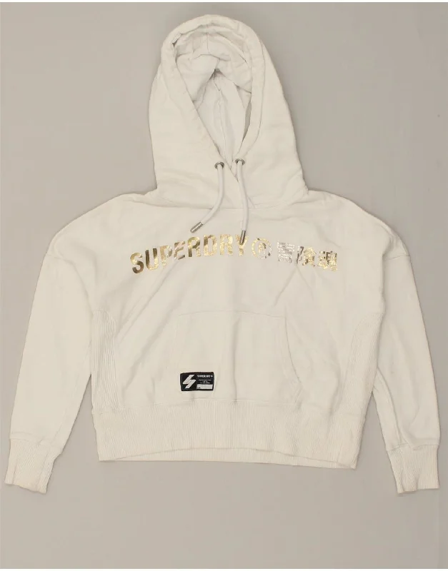 SUPERDRY Womens Crop Graphic Hoodie Jumper UK 8 Small White Cotton Hoodie with Hem Lace Feminine Delicate SUPERDRY Womens Crop Graphic Hoodie Jumper UK 8 Small White Cotton Hoodie with Hem Lace Feminine Delicate