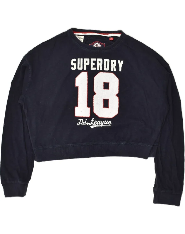SUPERDRY Womens Crop Graphic Sweatshirt Jumper UK 16 Large Navy Blue Hoodie with Snap Buttons Easy Quick SUPERDRY Womens Crop Graphic Sweatshirt Jumper UK 16 Large Navy Blue Hoodie with Snap Buttons Easy Quick