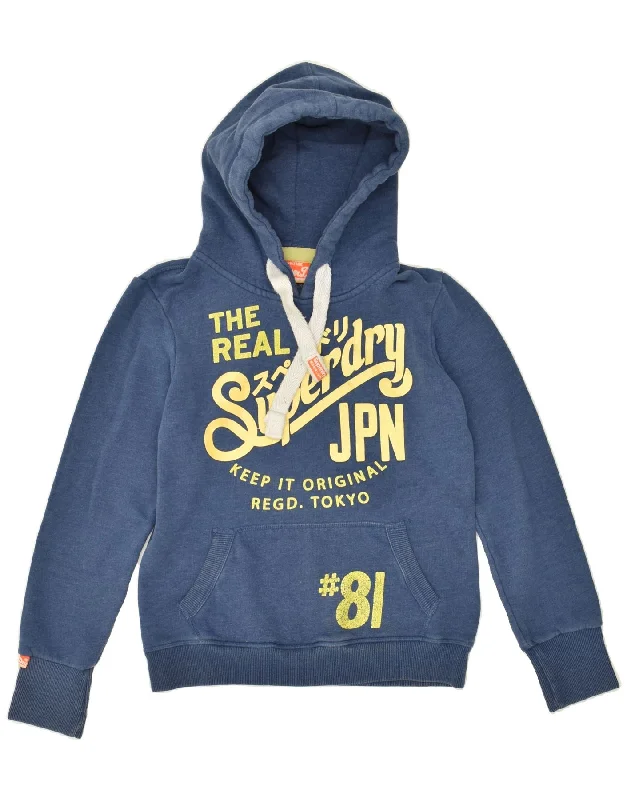 SUPERDRY Womens Graphic Hoodie Jumper UK 10 Small Blue Cotton Hoodie with Monochrome Minimalist Simple SUPERDRY Womens Graphic Hoodie Jumper UK 10 Small Blue Cotton Hoodie with Monochrome Minimalist Simple